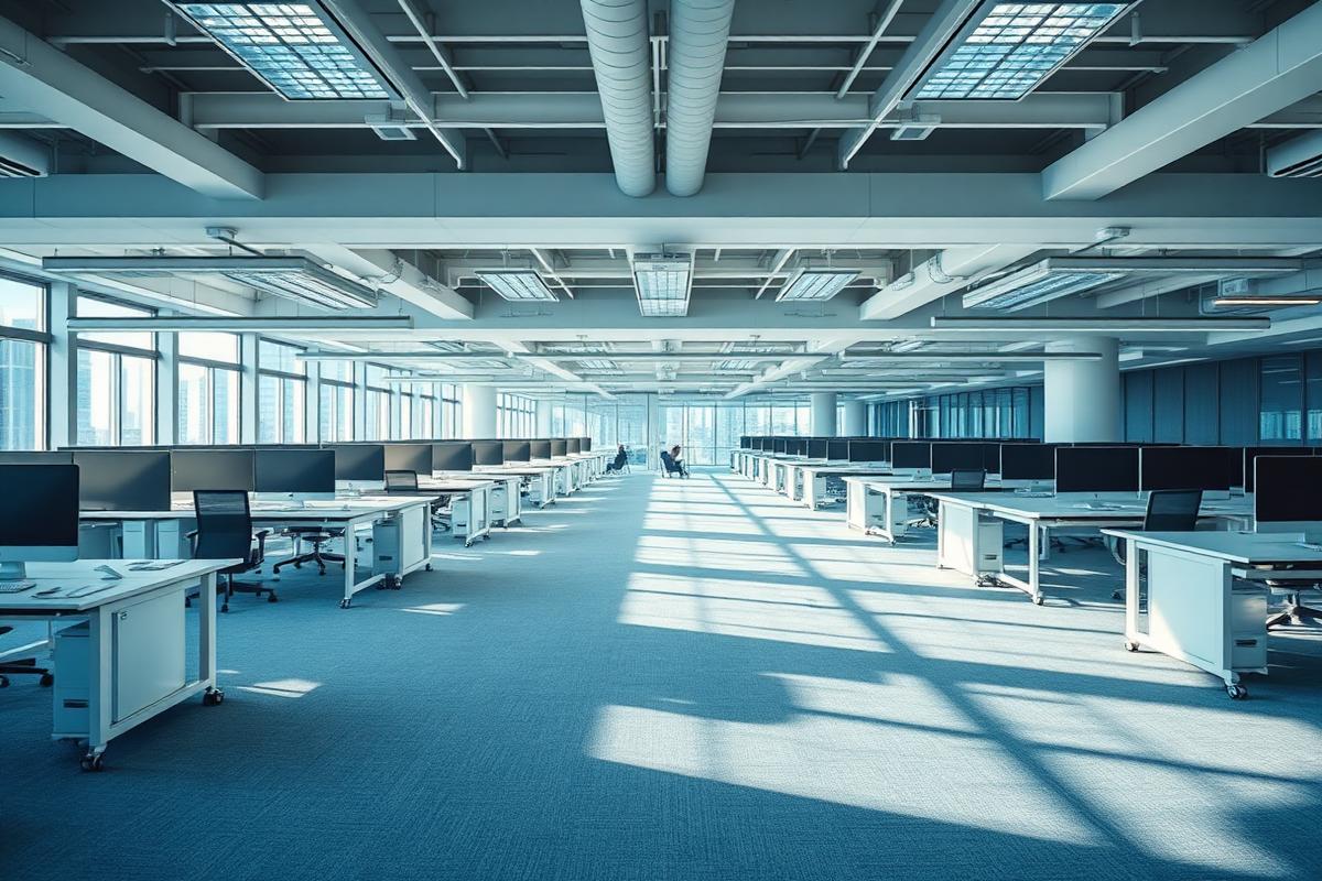 Clean open-plan office with spotless carpet and desks