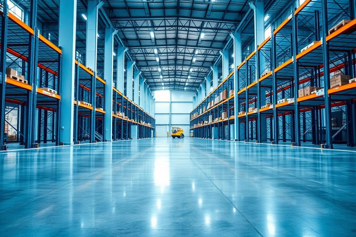 Immaculate warehouse aisle with polished concrete floor